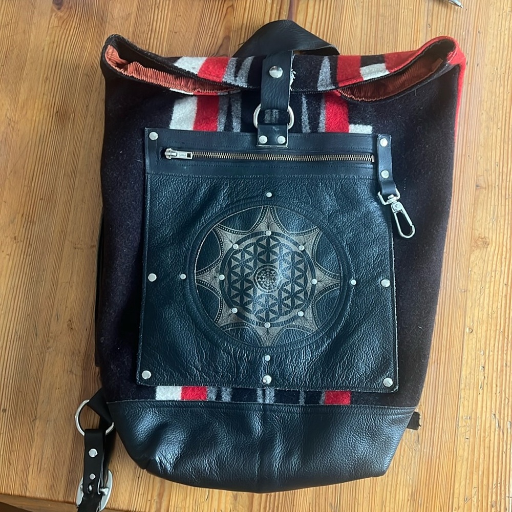 Leather flower of life backpack with fabric